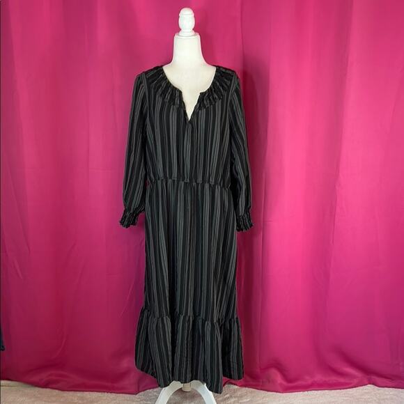 Terra and Sky black and grey striped midi peasant dress, size 1X - Picture 1 of 10